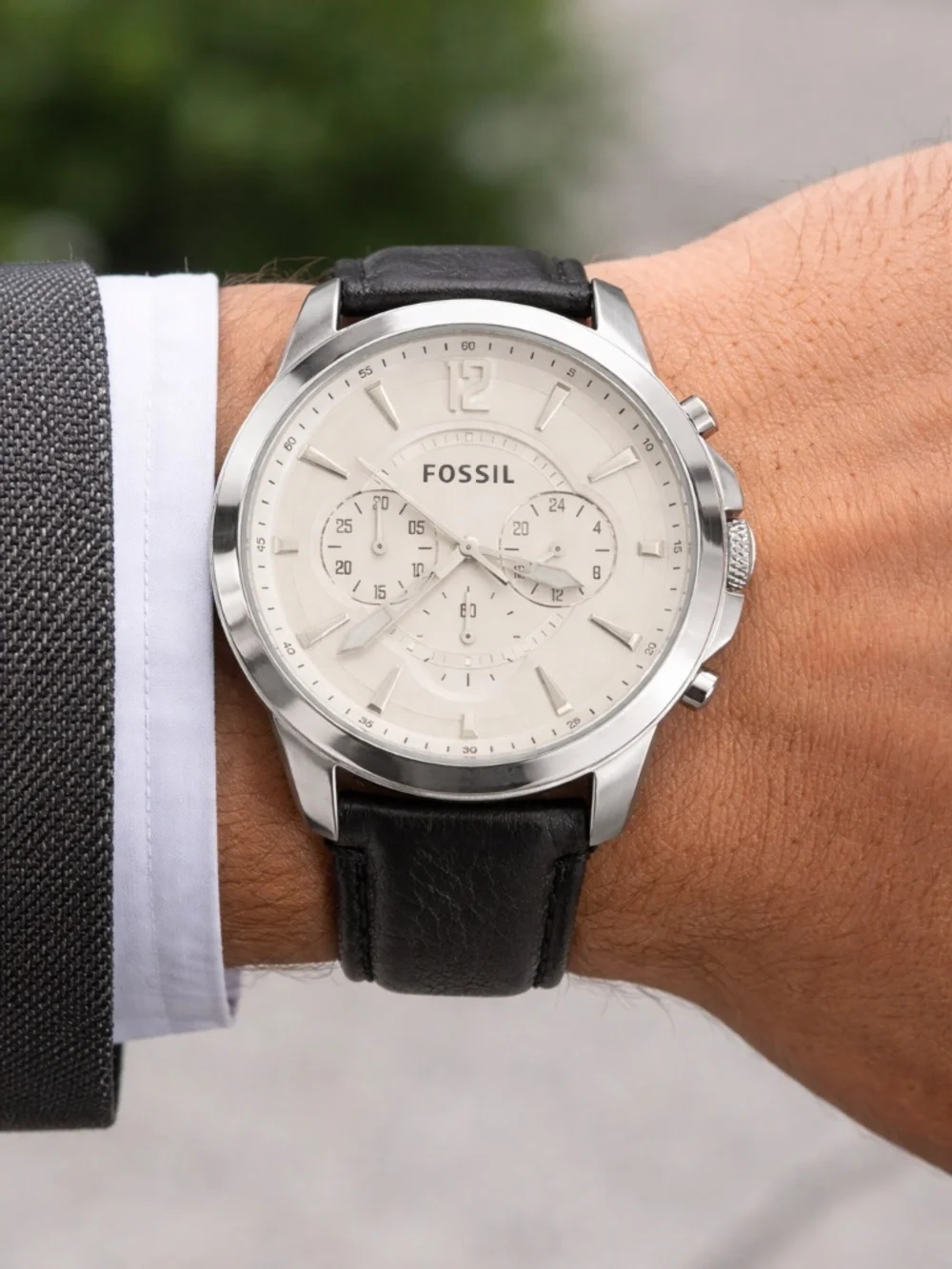 Fossil FS-4647 Chronograph Men's Watch Stainless Steel Cream Dial Leather Strap